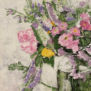 Palette knife painting titled Vibrant Harmony by Flora, featuring a bouquet of vibrant pink, purple, and yellow flowers on a 40 x 50 cm acrylic canvas.