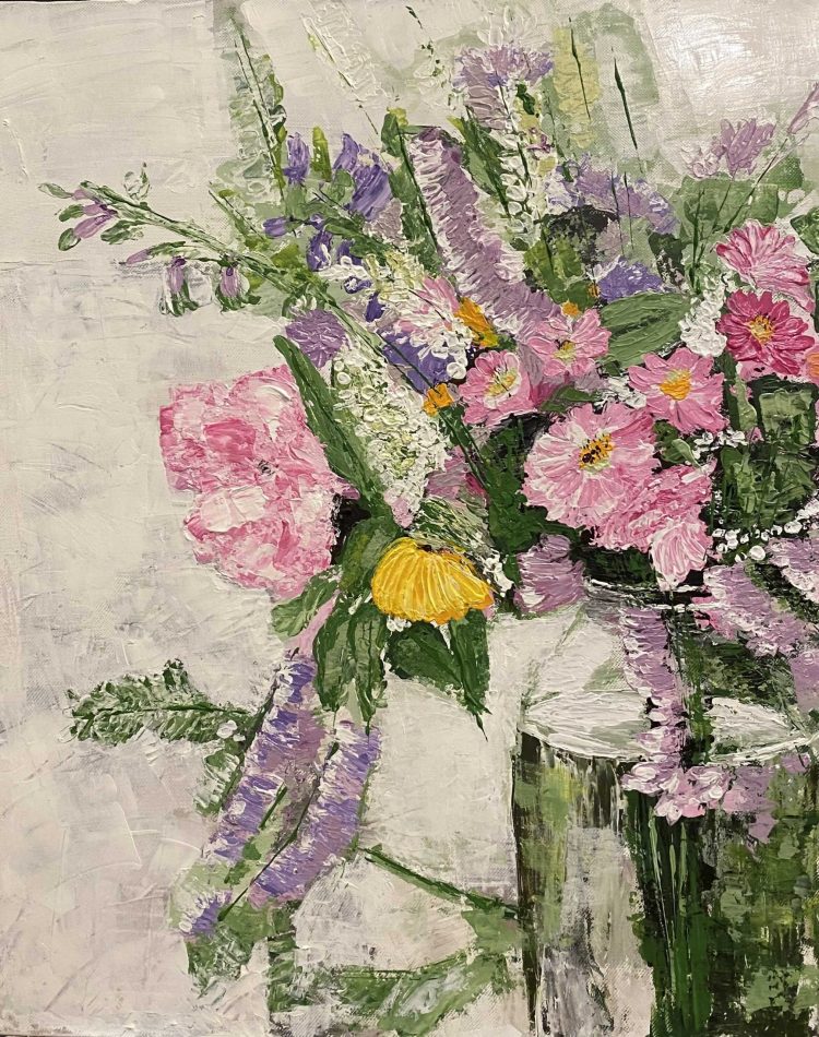 Palette knife painting titled Vibrant Harmony by Flora, featuring a bouquet of vibrant pink, purple, and yellow flowers on a 40 x 50 cm acrylic canvas.