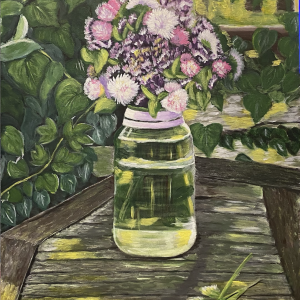 Acrylic painting titled Rustic Stillness by Flora, featuring a jar of purple and white flowers on a rustic wooden table, surrounded by greenery.