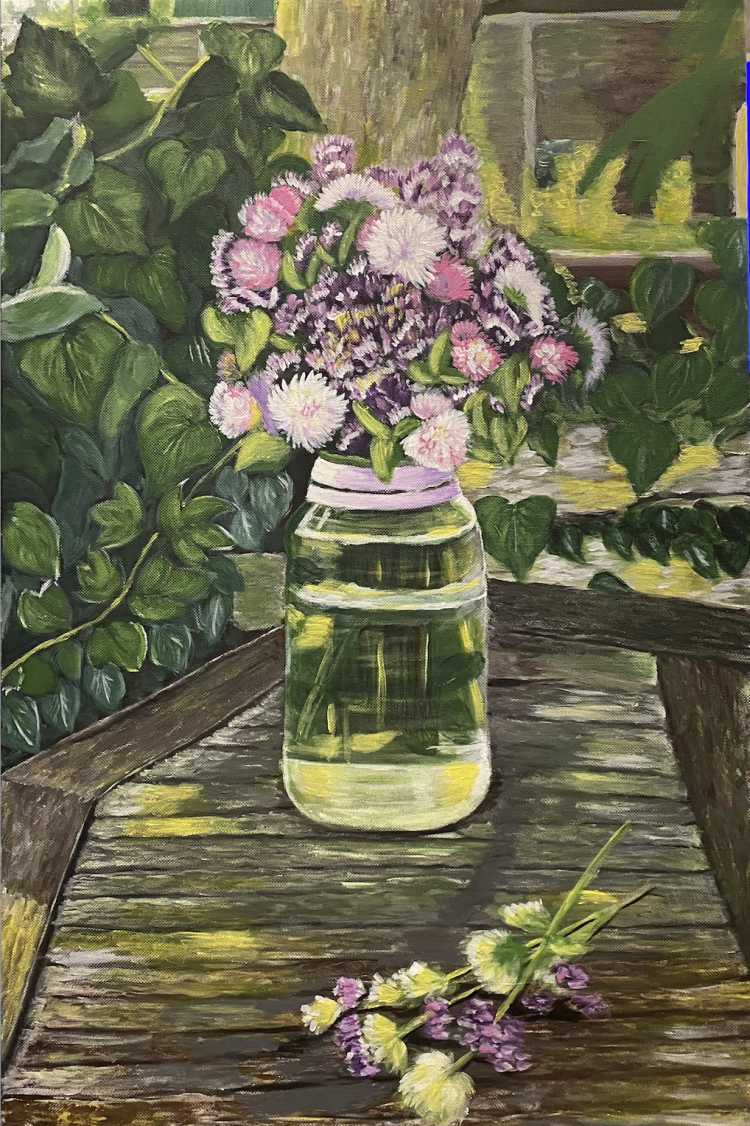 Acrylic painting titled Rustic Stillness by Flora, featuring a jar of purple and white flowers on a rustic wooden table, surrounded by greenery.