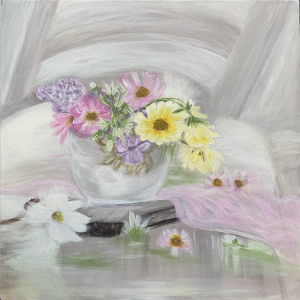 Acrylic painting titled Soft Elegance by Flora, featuring a pastel-colored bouquet of flowers on a 50 x 50 cm canvas.