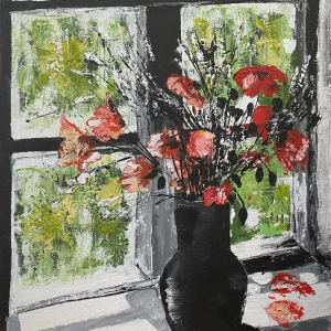 Acrylic painting titled Silent Reflection by Flora, featuring a vase of red flowers in front of a sunlit window, on a 50 x 70 cm canvas.