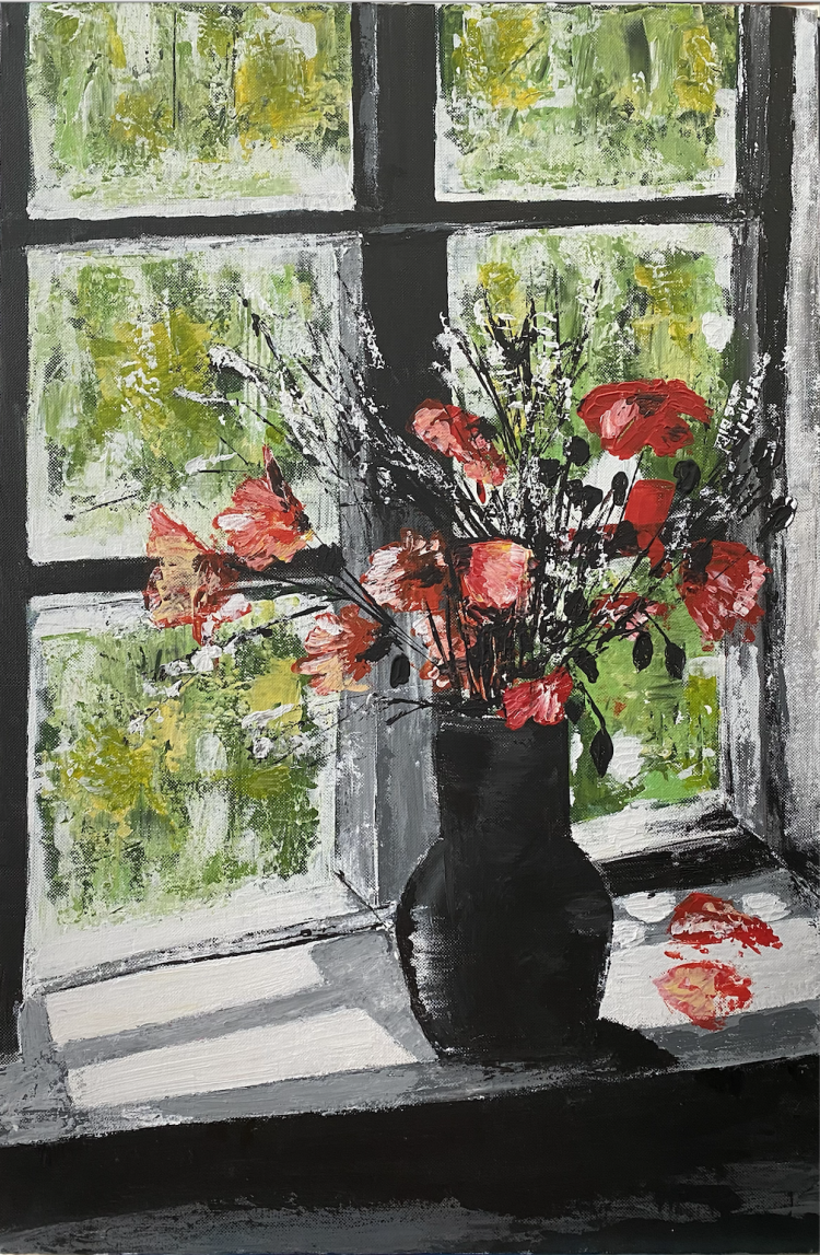 Acrylic painting titled Silent Reflection by Flora, featuring a vase of red flowers in front of a sunlit window, on a 50 x 70 cm canvas.