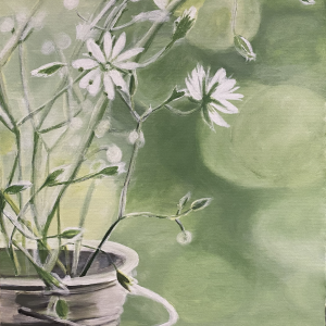 Acrylic painting titled Whispering Greens by Flora, featuring delicate white flowers with a soft green background, on a 50 x 70 cm canvas.