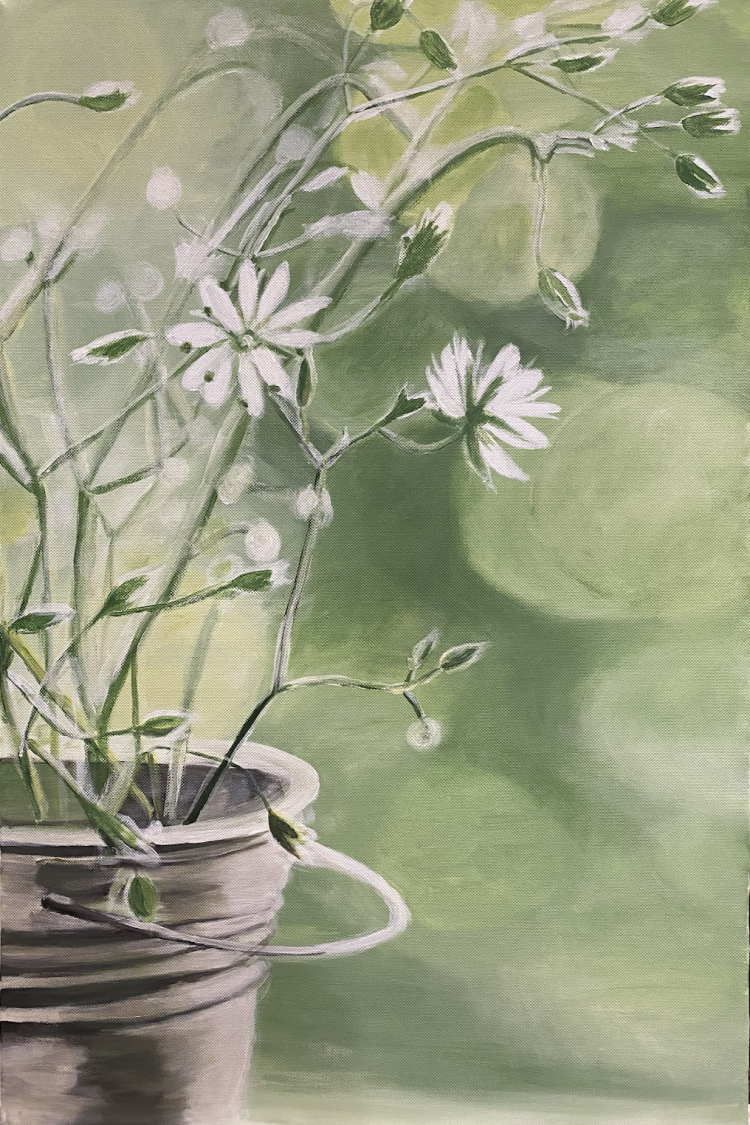 Acrylic painting titled Whispering Greens by Flora, featuring delicate white flowers with a soft green background, on a 50 x 70 cm canvas.