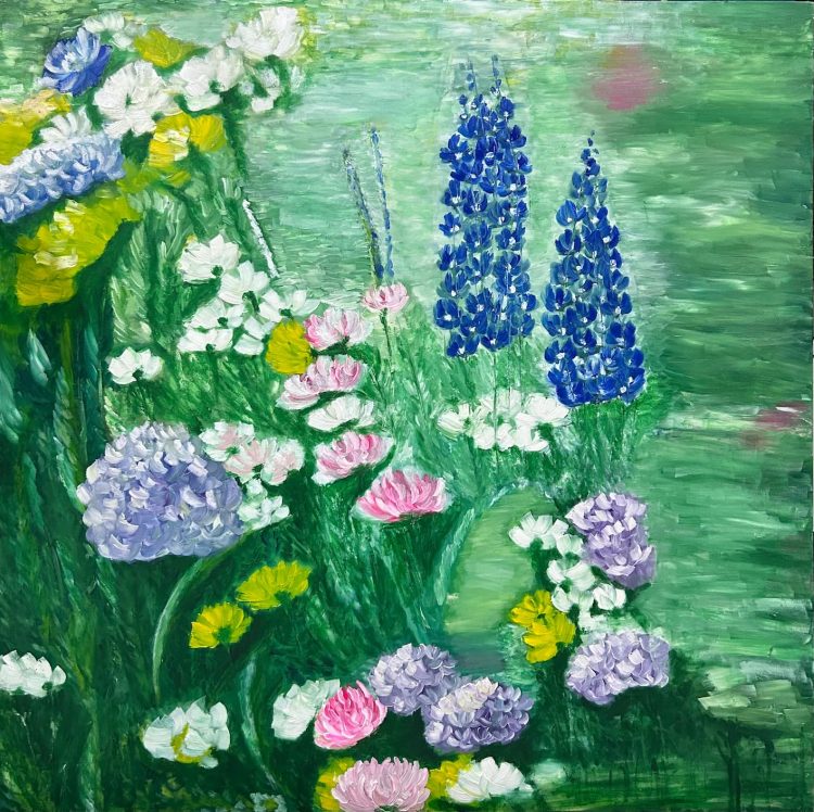 Oil painting titled Garden Reverie by Flora, featuring a vibrant garden scene with pink, blue, purple, and white flowers on an 80 x 80 cm canvas.