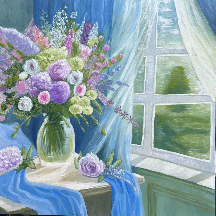 Oil painting titled Morning Light by Flora, featuring a bouquet of flowers in soft pastel tones by a sunlit window, on an 80 x 80 cm canvas.