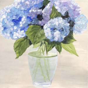 Acrylic painting titled Blue Serenity by Flora, featuring blue and lavender hydrangeas in a transparent vase on a 50 x 70 cm canvas.