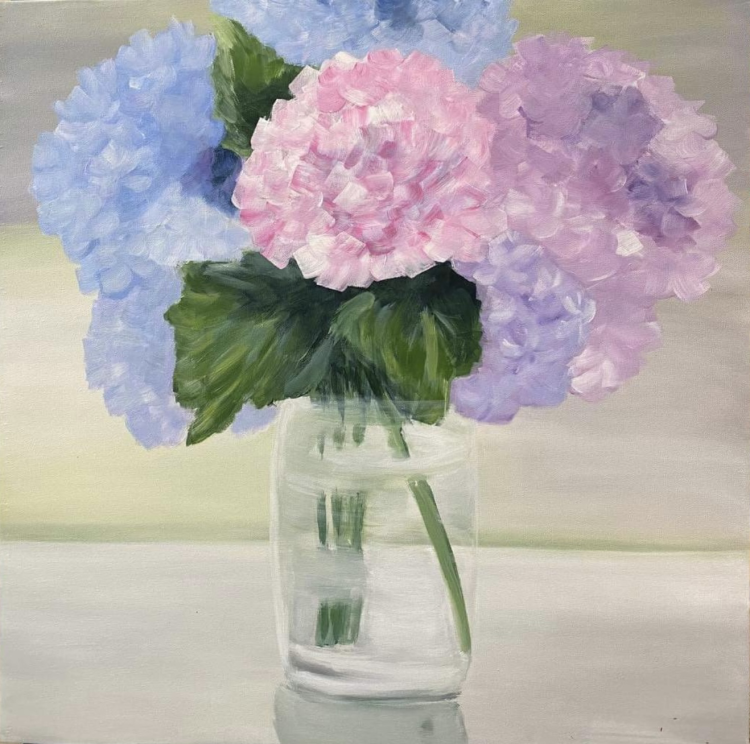 Acrylic painting titled Blossoms in Pastel by Flora, featuring pink, blue, and lavender hydrangeas in a glass vase on a 60 x 60 cm canvas.