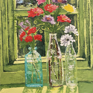 Acrylic painting titled Bottled Sunshine by Flora, featuring colorful flowers in glass bottles on a windowsill, with green tones and sunlit reflections.