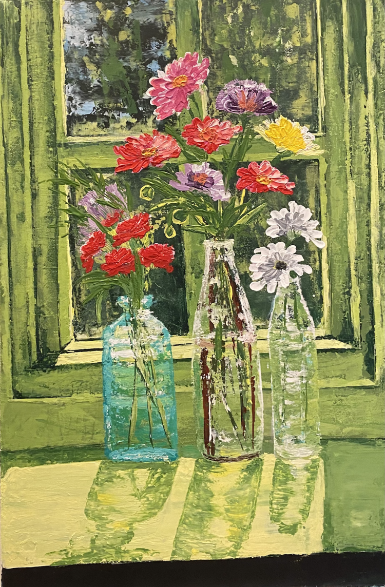 Acrylic painting titled Bottled Sunshine by Flora, featuring colorful flowers in glass bottles on a windowsill, with green tones and sunlit reflections.