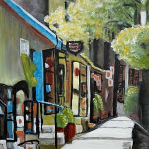 Acrylic painting titled Eze Village Charm by Flora, featuring a charming street in Eze Village, France, with storefronts and greenery, on a 40 x 50 cm canvas.