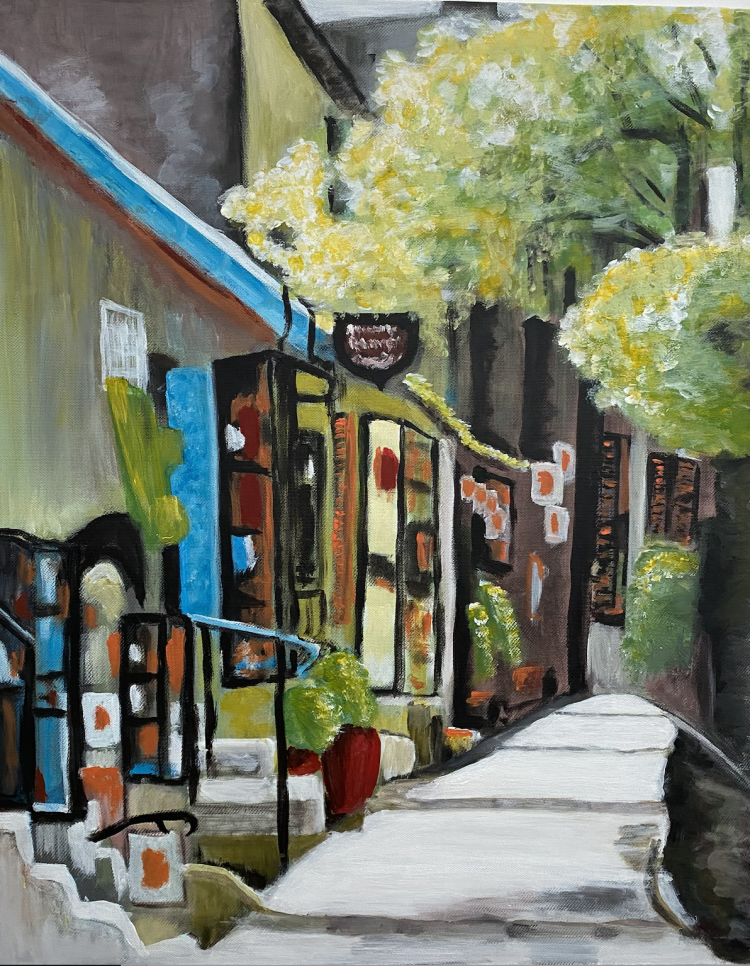 Acrylic painting titled Eze Village Charm by Flora, featuring a charming street in Eze Village, France, with storefronts and greenery, on a 40 x 50 cm canvas.