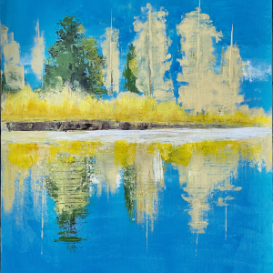 Knife palette painting titled Reflection by Flora, featuring trees reflected in still water under a blue sky, on a 40 x 50 cm canvas.