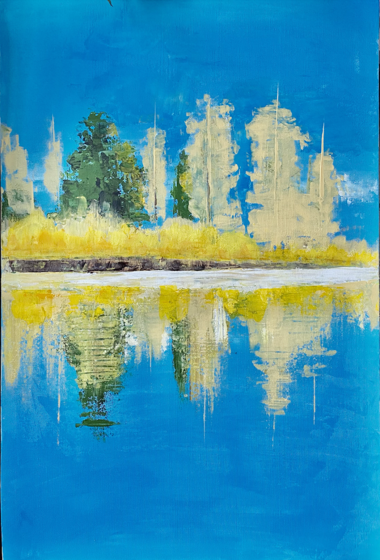 Knife palette painting titled Reflection by Flora, featuring trees reflected in still water under a blue sky, on a 40 x 50 cm canvas.