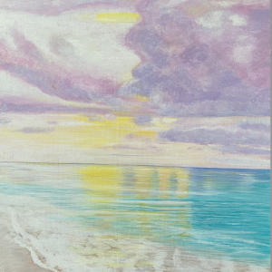 Acrylic painting titled Pinky Sea by Flora, featuring a pastel-colored beach scene with calm water reflections, on a 50 x 60 cm canvas.