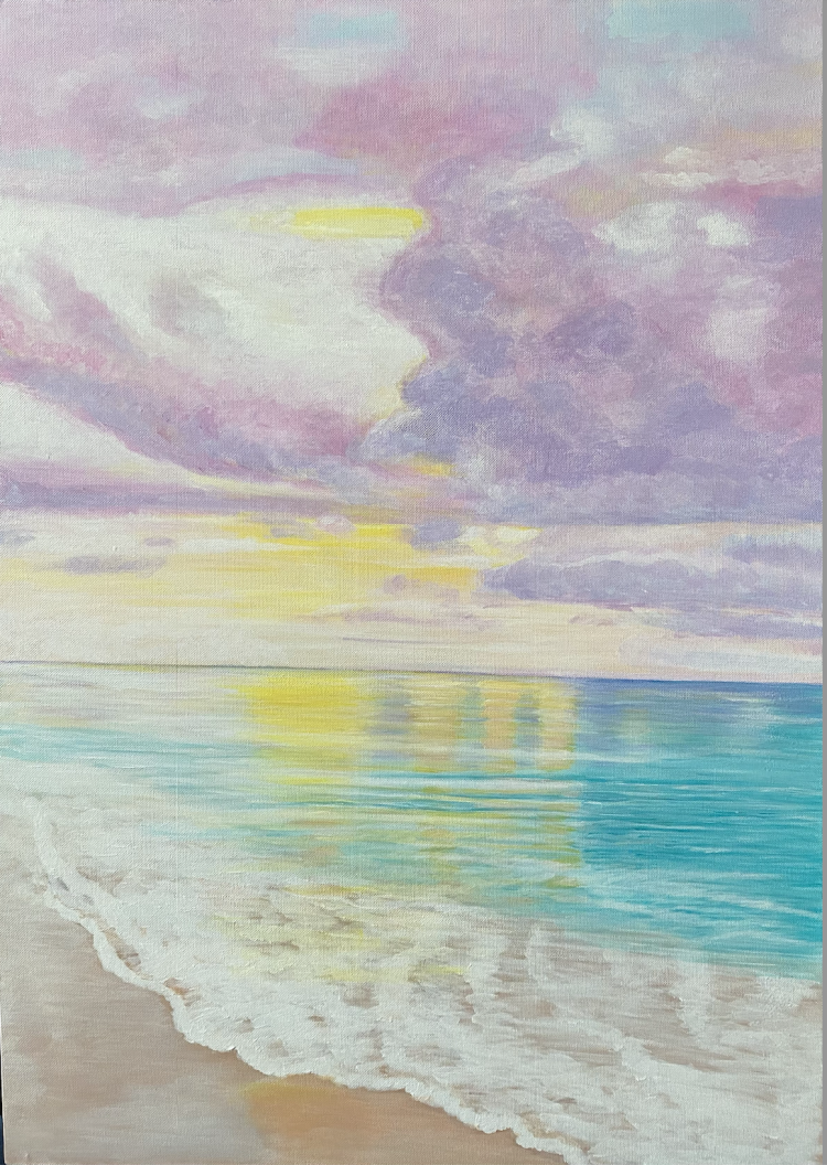 Acrylic painting titled Pinky Sea by Flora, featuring a pastel-colored beach scene with calm water reflections, on a 50 x 60 cm canvas.