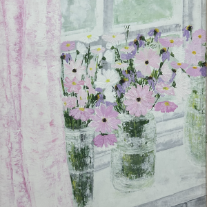 Acrylic knife palette painting titled Soft Blooms by the Window by Flora, featuring soft pink and white flowers in glass jars on a windowsill, on an 80 x 100 cm canvas.