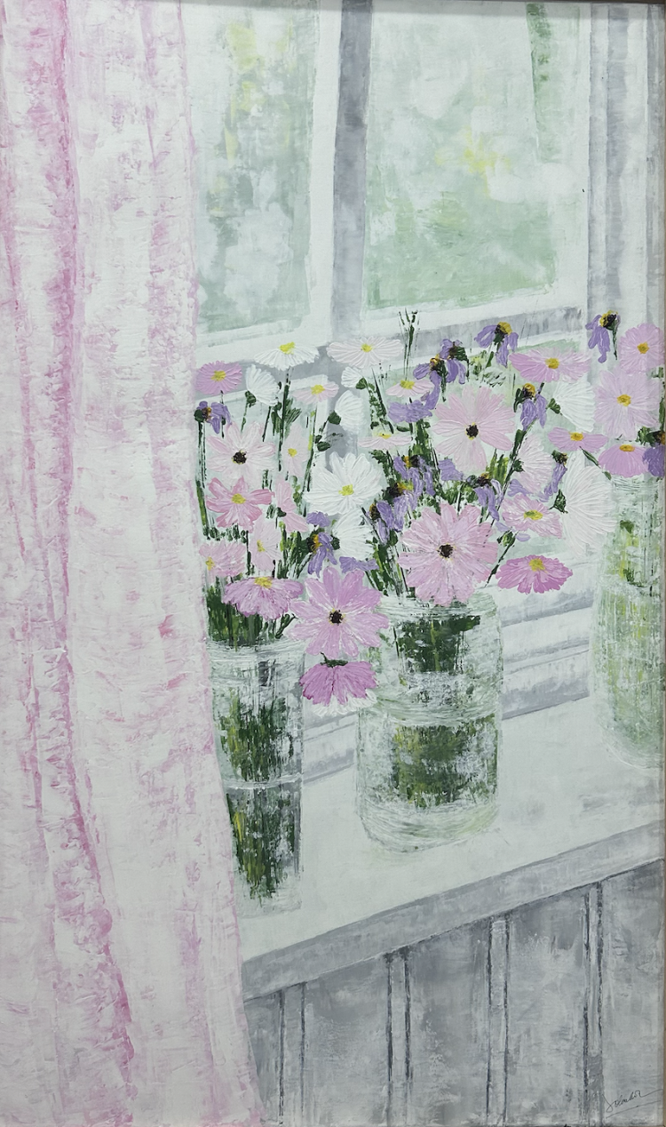 Acrylic knife palette painting titled Soft Blooms by the Window by Flora, featuring soft pink and white flowers in glass jars on a windowsill, on an 80 x 100 cm canvas.