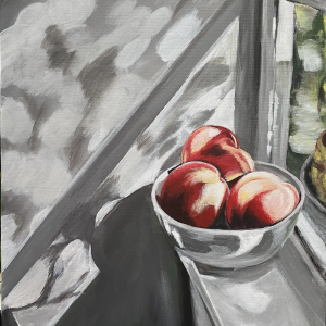 Acrylic painting titled Apples by the Window by Flora, featuring a bowl of apples against a grey-toned background with window light, on a 50 x 60 cm canvas.