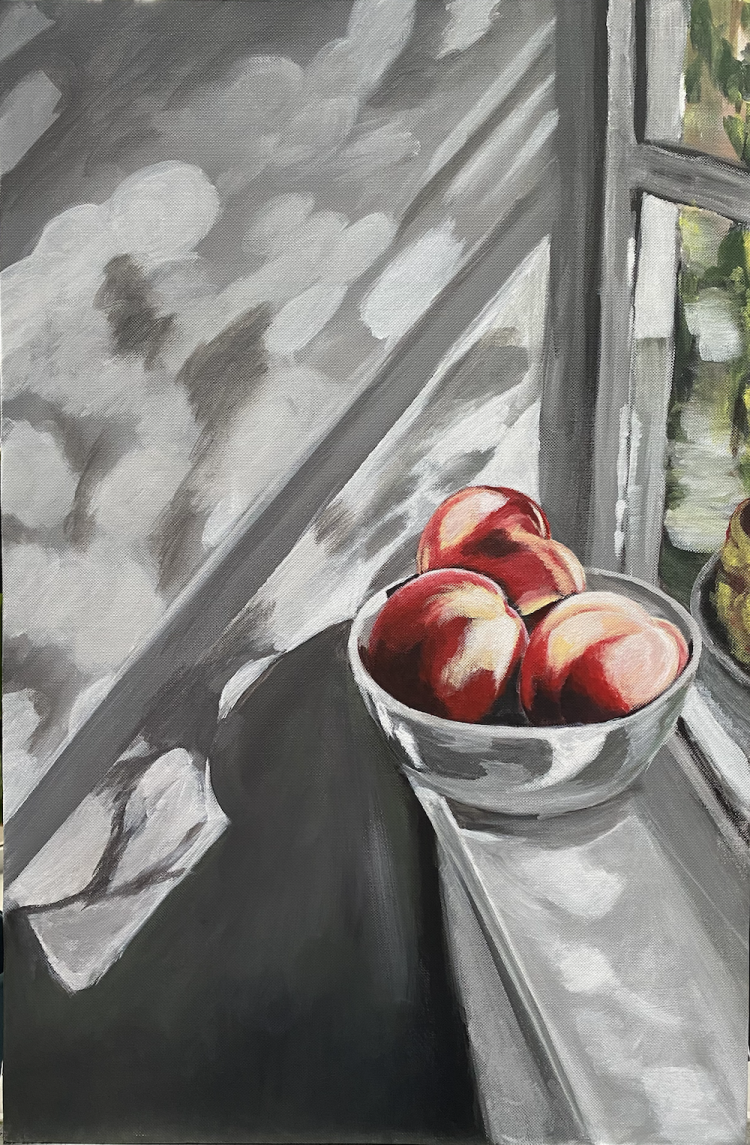 Acrylic painting titled Apples by the Window by Flora, featuring a bowl of apples against a grey-toned background with window light, on a 50 x 60 cm canvas.