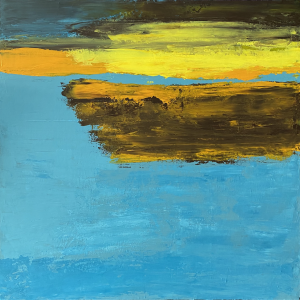 Abstract acrylic painting titled Sunset by the Lake by Flora, featuring bold yellow, brown, and blue tones on a 50 x 50 cm canvas.