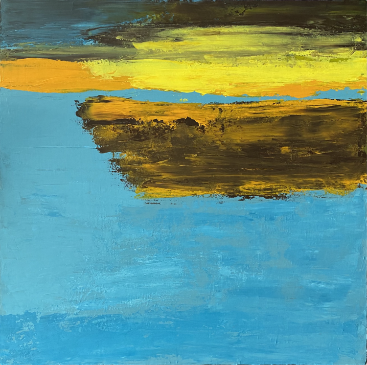 Abstract acrylic painting titled Sunset by the Lake by Flora, featuring bold yellow, brown, and blue tones on a 50 x 50 cm canvas.