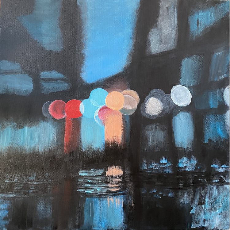 Acrylic painting titled Saigon Rainy Night by Flora, featuring a bokeh effect with city lights reflected in the rain, on a 50 x 50 cm canvas.