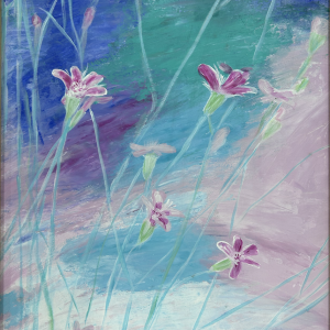 Acrylic painting titled Whispers of the Wind by Flora, featuring delicate purple flowers against a soft blue and green background, on a 40 x 50 cm canvas.