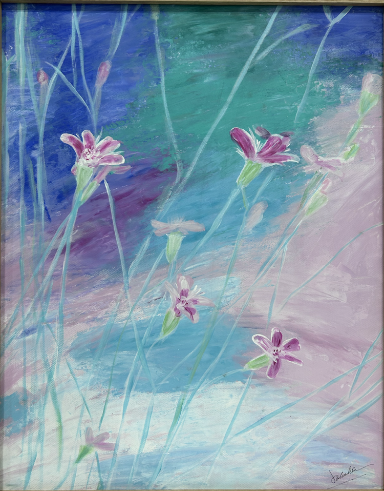 Acrylic painting titled Whispers of the Wind by Flora, featuring delicate purple flowers against a soft blue and green background, on a 40 x 50 cm canvas.