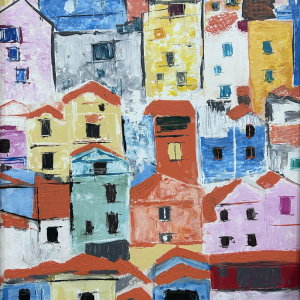 Acrylic painting titled Mediterranean Colors by Flora, featuring colorful Mediterranean-style houses, on a 50 x 60 cm canvas.