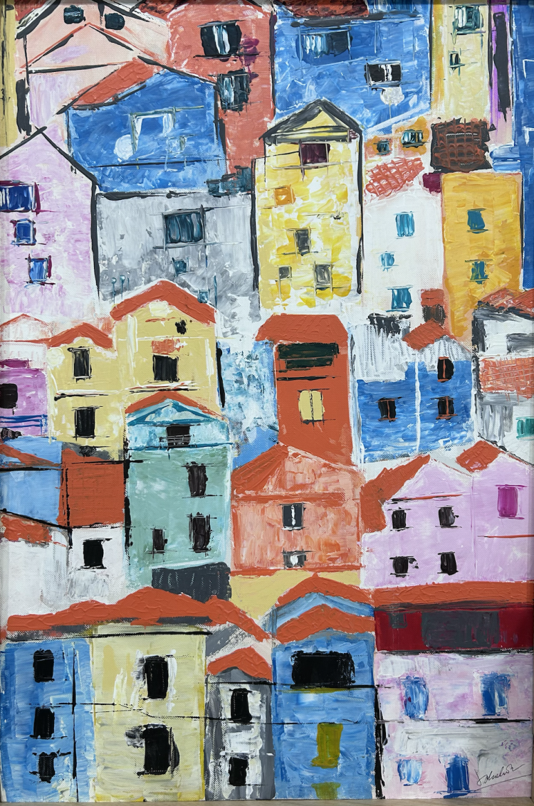 Acrylic painting titled Mediterranean Colors by Flora, featuring colorful Mediterranean-style houses, on a 50 x 60 cm canvas.