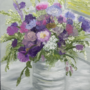 Oil painting titled Radiant Blooms by Flora, featuring a vibrant bouquet of purple, pink, and lavender flowers on a 30 x 40 cm canvas.