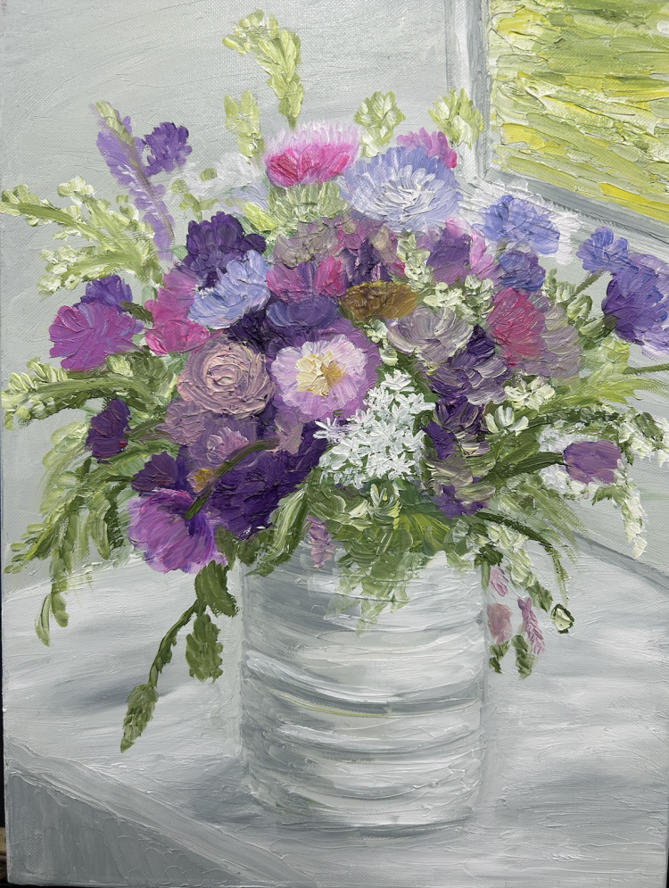 Oil painting titled Radiant Blooms by Flora, featuring a vibrant bouquet of purple, pink, and lavender flowers on a 30 x 40 cm canvas.