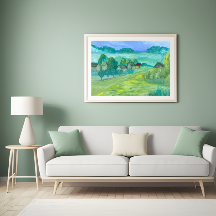 A serene countryside landscape painting with green fields, trees, and houses. One house has a distinct red roof, standing out against the surrounding greenery under a calm, blue sky.