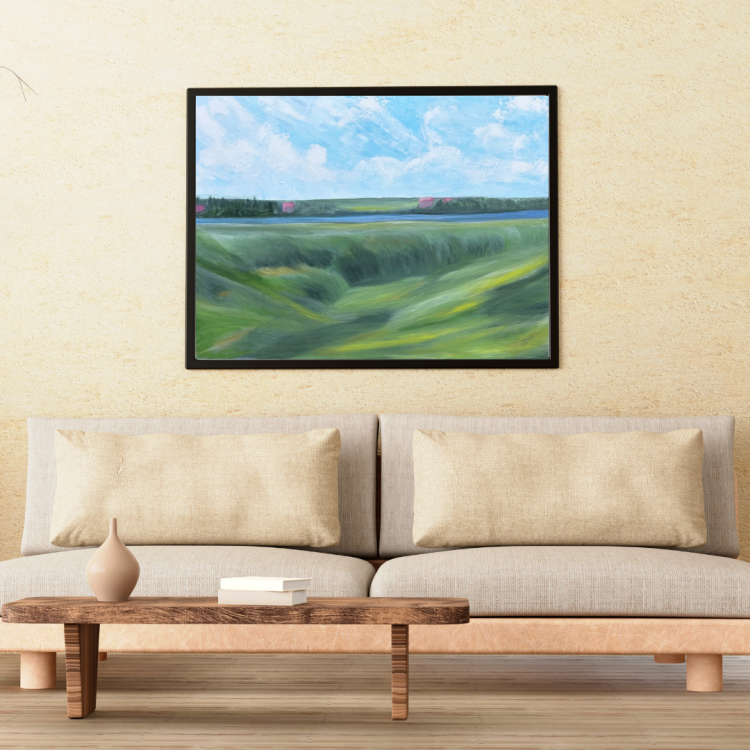 Acrylic painting on canvas, depicting a calm green meadow stretching toward a river. On the other side, a forested area hides distant pink-roofed houses beneath a bright sky filled with soft clouds.