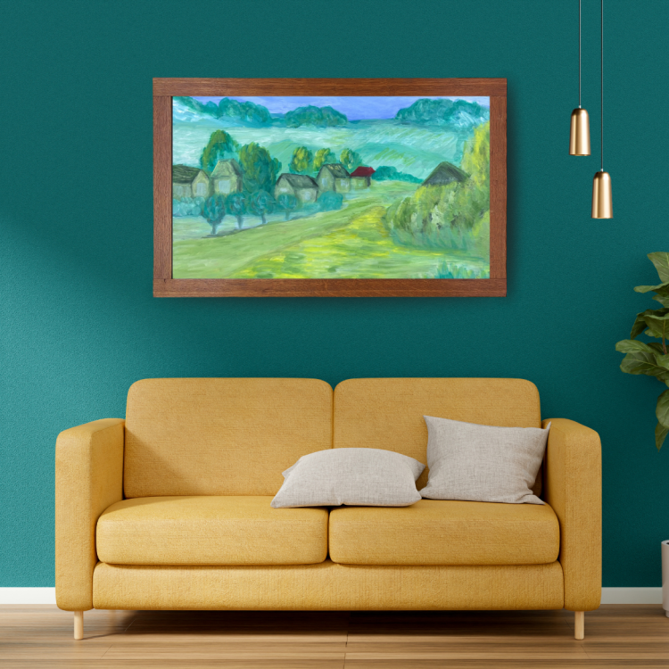 A serene countryside landscape painting with green fields, trees, and houses. One house has a distinct red roof, standing out against the surrounding greenery under a calm, blue sky.