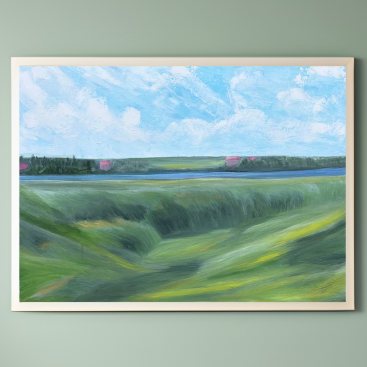 Acrylic painting on canvas, depicting a calm green meadow stretching toward a river. On the other side, a forested area hides distant pink-roofed houses beneath a bright sky filled with soft clouds.