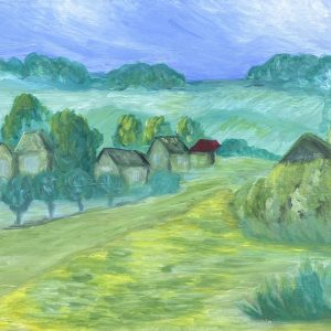 A serene countryside landscape painting with green fields, trees, and houses. One house has a distinct red roof, standing out against the surrounding greenery under a calm, blue sky.