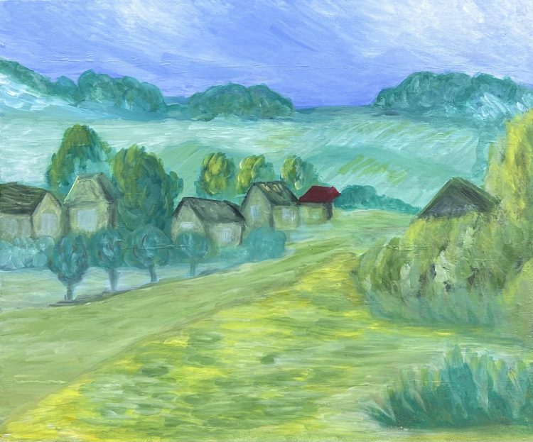 A serene countryside landscape painting with green fields, trees, and houses. One house has a distinct red roof, standing out against the surrounding greenery under a calm, blue sky.