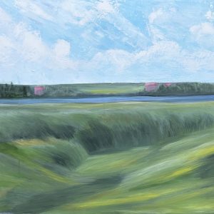 Acrylic painting on canvas, depicting a calm green meadow stretching toward a river. On the other side, a forested area hides distant pink-roofed houses beneath a bright sky filled with soft clouds.