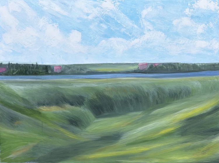 Acrylic painting on canvas, depicting a calm green meadow stretching toward a river. On the other side, a forested area hides distant pink-roofed houses beneath a bright sky filled with soft clouds.