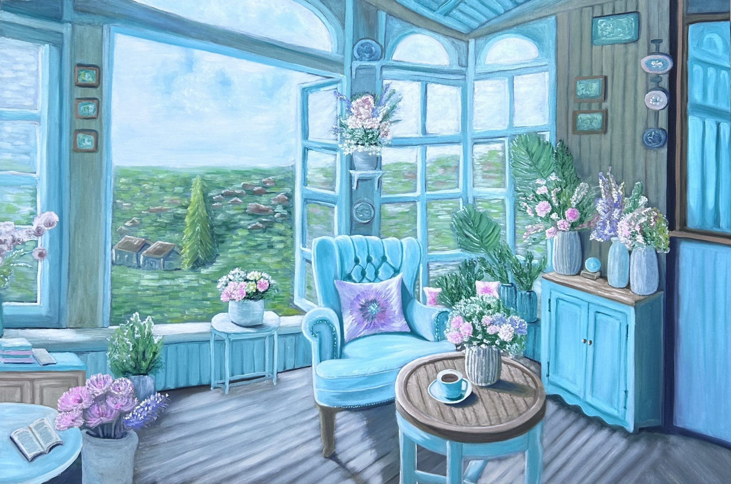 Painting of a sunlit room with a blue armchair, surrounded by plants and flowers, overlooking a green landscape through large windows.