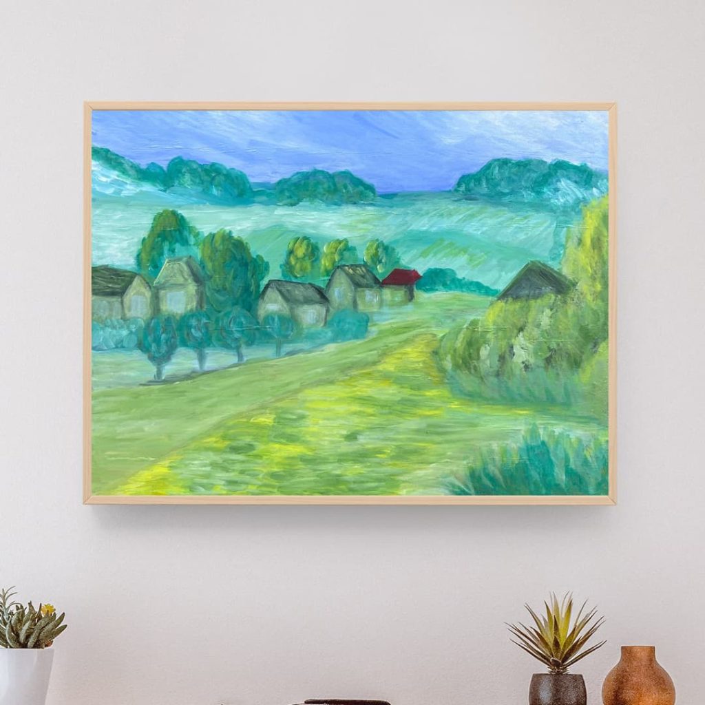 A serene countryside landscape painting with green fields, trees, and houses. One house has a distinct red roof, standing out against the surrounding greenery under a calm, blue sky.