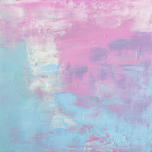 Abstract painting in pastel tones of pink and blue, with soft, blended brushstrokes that create a calming, dreamy atmosphere. The texture of the acrylic paint is visible, adding depth to the composition.