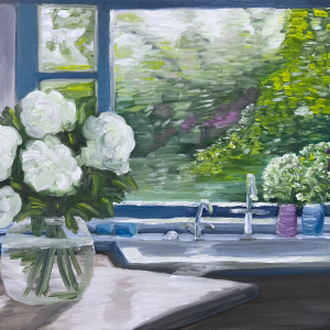 A painting depicting a serene kitchen scene with a vase of white flowers on a countertop in the foreground. Behind the sink, a window opens to a lush green garden with vibrant foliage and dappled sunlight filtering through. The composition balances the indoor still life with the tranquil outdoor view, creating a peaceful atmosphere.