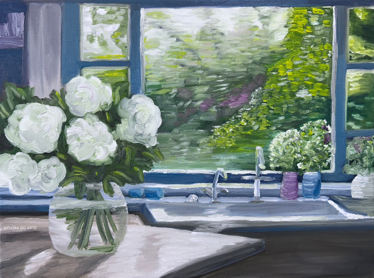 A painting depicting a serene kitchen scene with a vase of white flowers on a countertop in the foreground. Behind the sink, a window opens to a lush green garden with vibrant foliage and dappled sunlight filtering through. The composition balances the indoor still life with the tranquil outdoor view, creating a peaceful atmosphere.