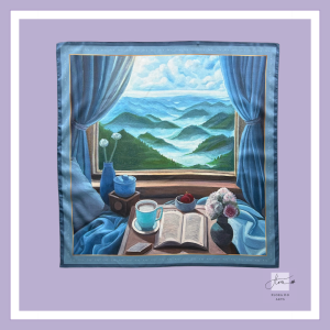 Silk scarf featuring a peaceful window overlooking the misty hills of Da Lat, with blue curtains, an open book, flowers, and a cup of tea, inspired by Flora Do's original oil painting.