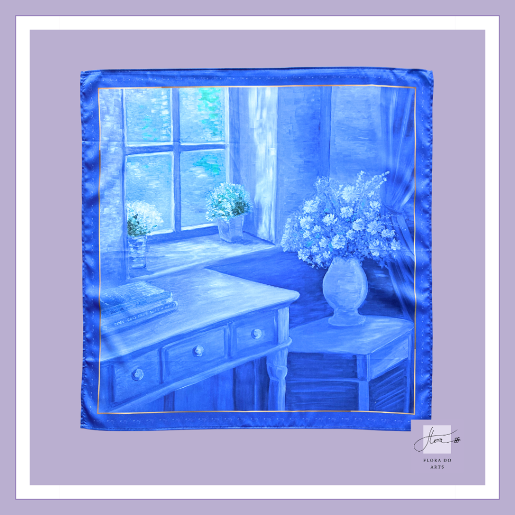Dreamy Da Lat No. 2 silk scarf featuring a monochromatic blue interior with fresh flowers, a writing desk, a window, and flowing curtains, adapted from an original oil painting by Flora Do.