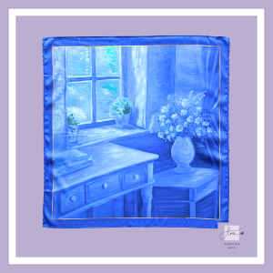 Dreamy Da Lat No. 2 silk scarf featuring a monochromatic blue interior with fresh flowers, a writing desk, a window, and flowing curtains, adapted from an original oil painting by Flora Do.